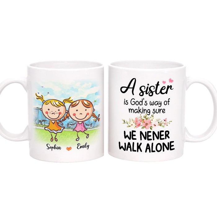 Personalized Ceramic Coffee Mug For Bestie BFF Never Walk Alone Cute Girls & Flower Print Custom Name 11 15oz Cup