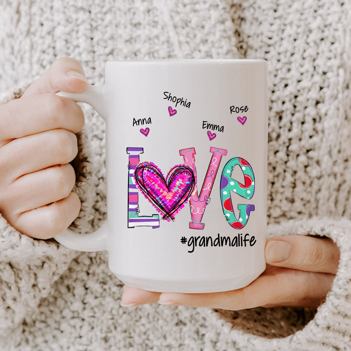 Personalized Coffee Mug Gifts For Grandma Nana Life Love Colorful Heart  Custom Grandkids Name Christmas White Cup
