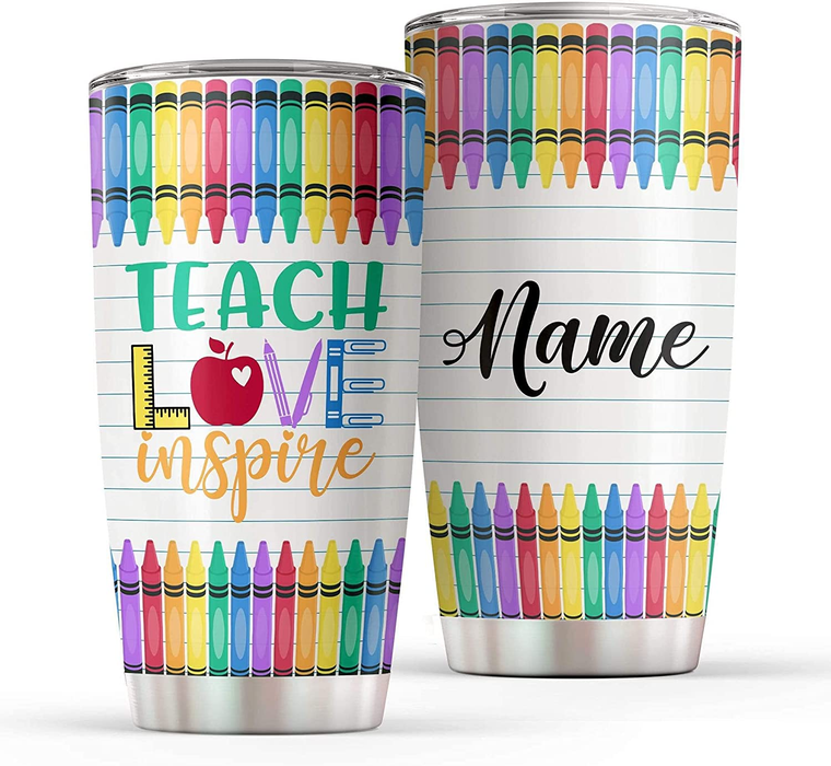 Personalized Tumbler For Teacher Crayons Teach Love Inspire Custom Name Travel Cup 20oz Gifts For Back To School