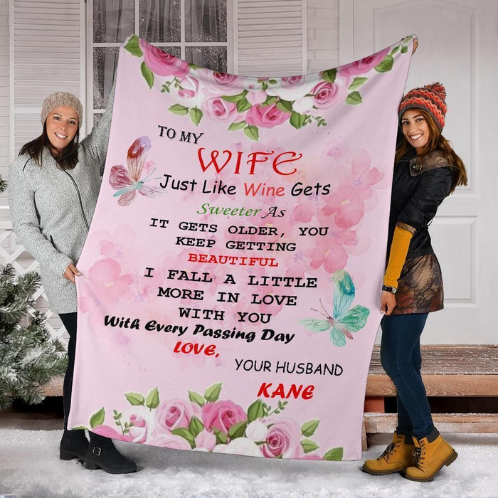 Personalized Lovely Fleece Blanket To My Wife On Valentines Pink Flower & Butterfly Blanket Custom Name