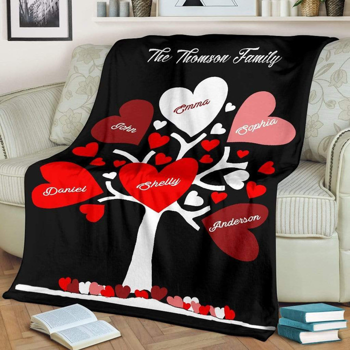 Personalized Blanket For Family Cute Family Heart Tree Printed Black Background Custom Family Member'S Names