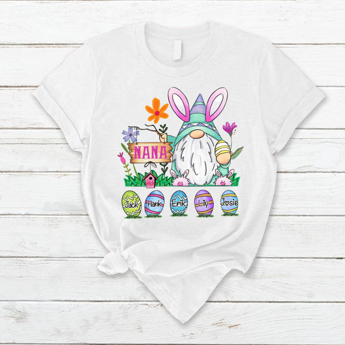 Personalized T-Shirt For Grandma Nana Bunny Gnome & Easter Eggs Printed Custom Grandkids Name Happy Easter Day Shirt