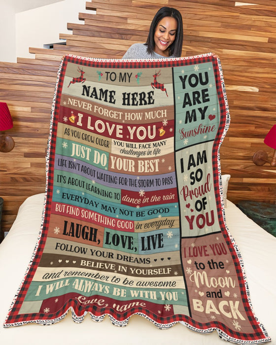 Personalized To My Son Blanket From Mom Dad Custom Name Never Forget I Love You Red Plaid Reindeer Gifts For Birthday