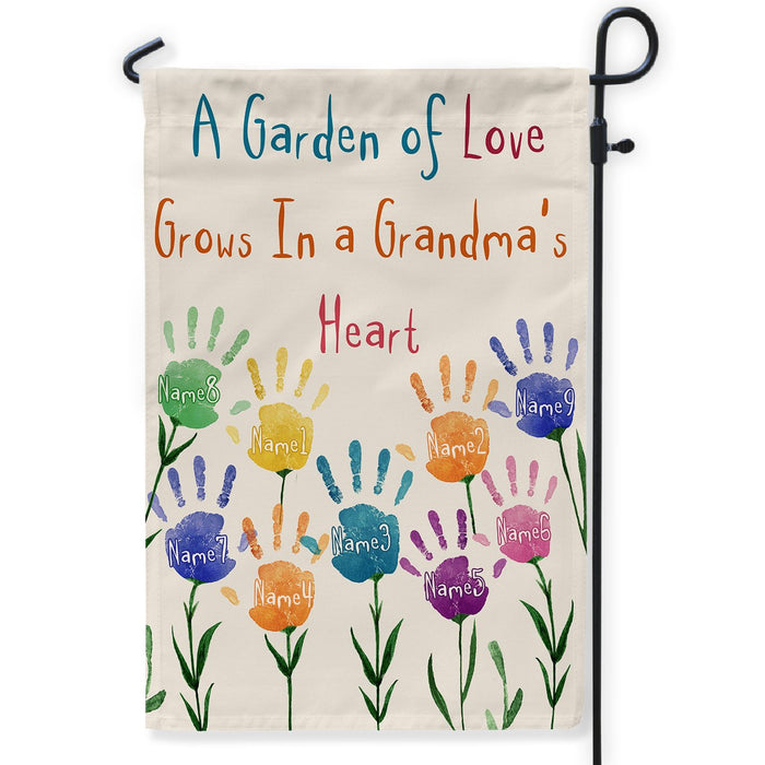 Personalized Garden Flag Grows In Grandma's Heart Flowers & Colorful Handprint Custom Grandkids Name Welcome Flag