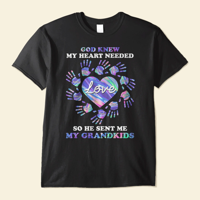 Personalized T-Shirt & Hoodie For Grandma God Know My Heart Needed Heart & Handprint Tie Dyed Custom Grandkid's Name