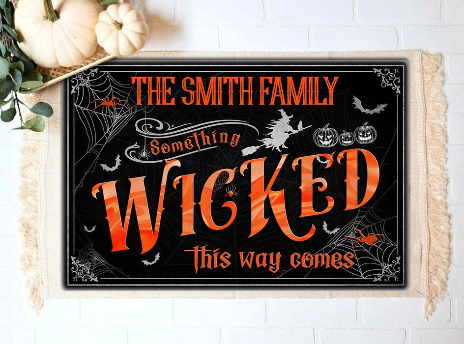 Personalized Welcome Doormat Something Wicked This Way Comes Flying Witch & Pumpkin Lantern Printed Custom Family Name