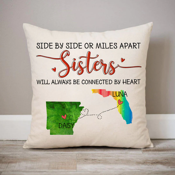Personalized Square Pillow For Sisters Will Always Connected By Heart Cute Custom Name Sofa Cushion Birthday Gifts