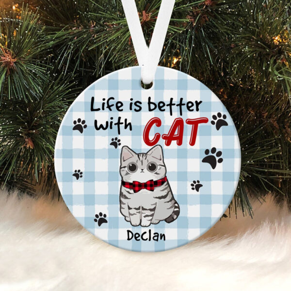Personalized Ornament For Cat Owners Checkered Naughty Paw Printed Plaid Custom Name Tree Hanging Gifts For Christmas