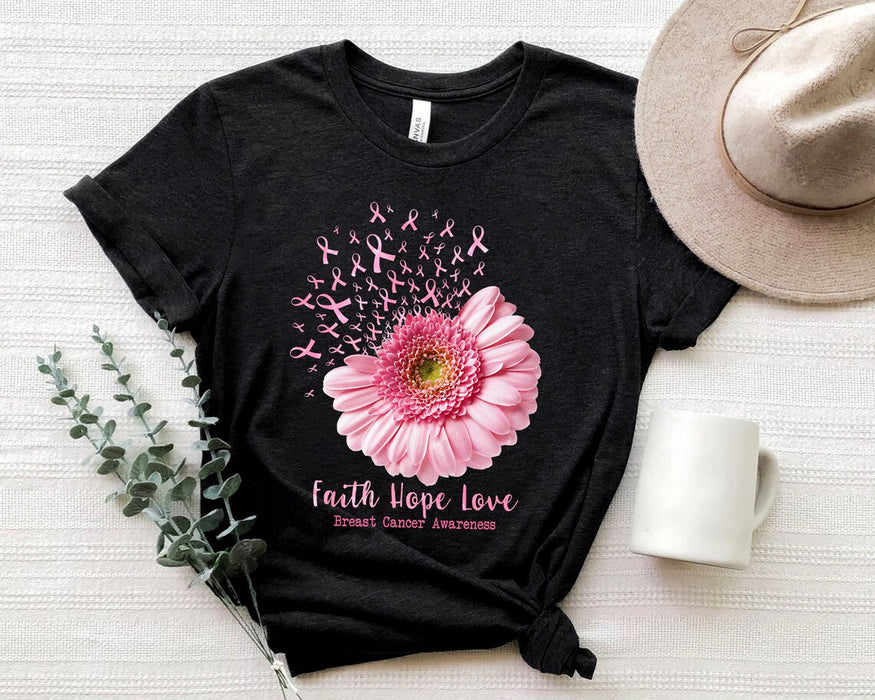 Classic T-Shirt For Women Breast Cancer Awareness Faith Hope Love Pink Daisy & Ribbon Printed Cancer Support Shirt