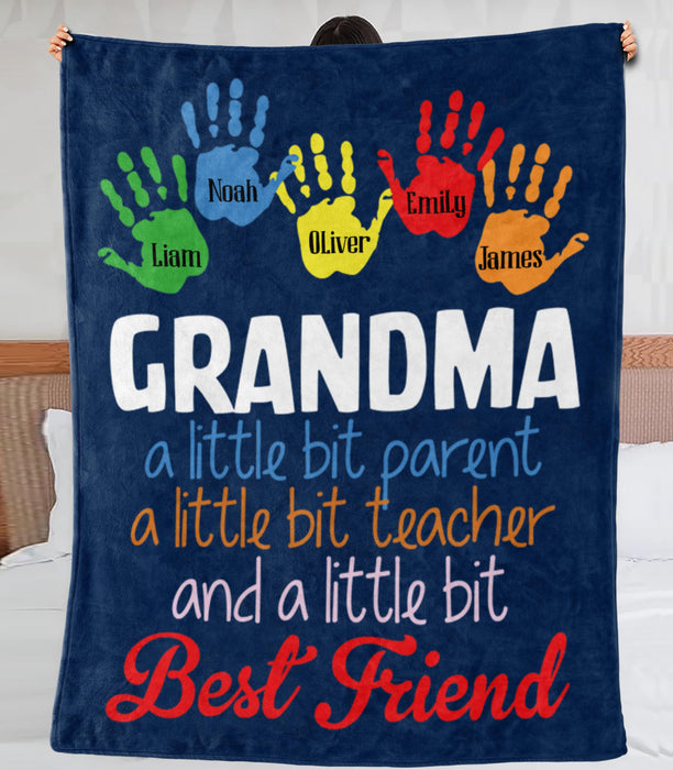 Personalized Blanket For Grandma Grandpa A Little Bit Parent Colorful Handprints Printed Custom Grandkids Name
