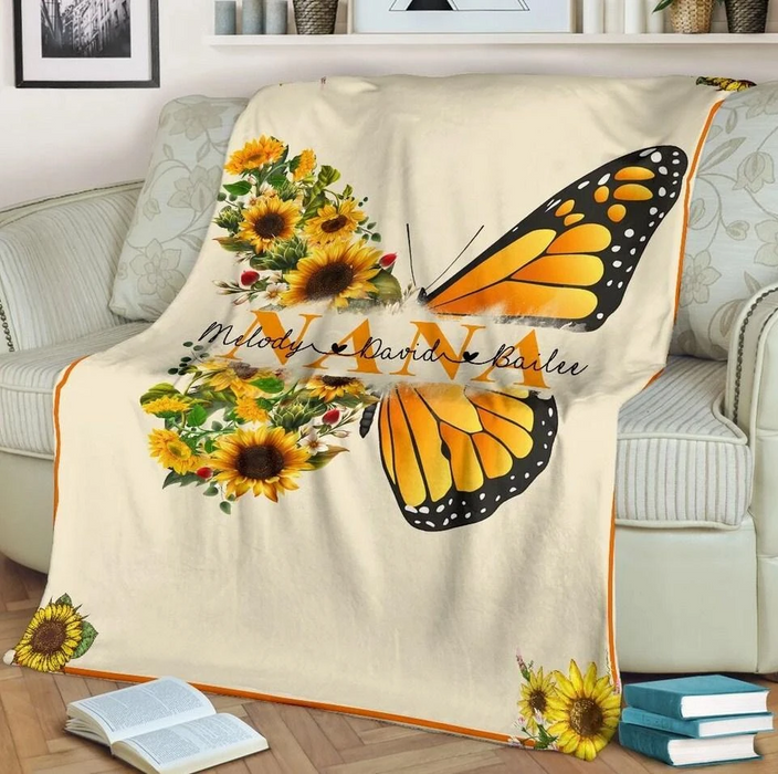 Personalized To My Grandma Fleece Blanket From Kids Butterfly & Sunflower Printed Custom Nickname & Name