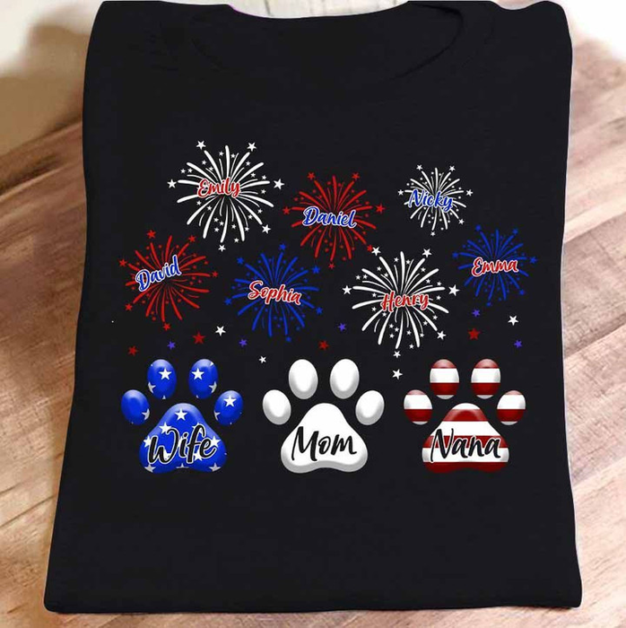Personalized T-Shirt For Grandma Wife Mom Nana Paw Print USA Flag Design Custom Grandkids Name 4th Of July Shirt