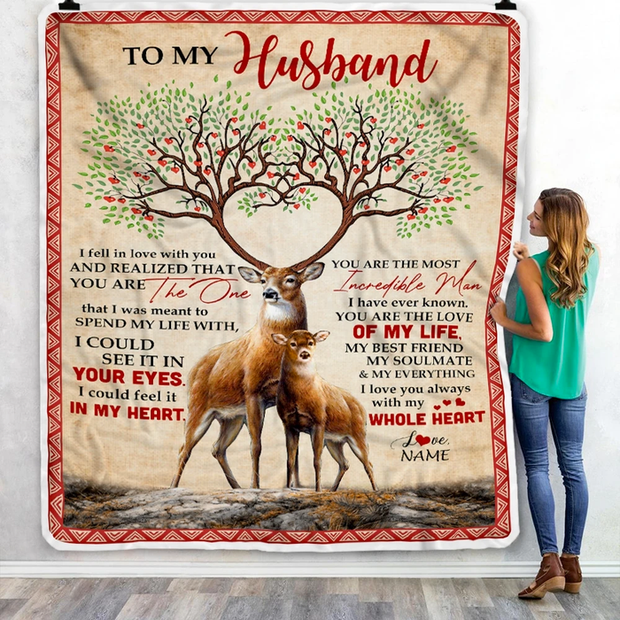 Personalized Throw Blanket To My Husband Romantic Deer With Tree Horns Design Print Custom Name Fleece Blanket