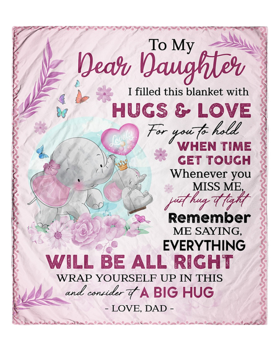 Personalized Pink Blanket To My Daughter Cute Elephants & Flower Fleece Blanket Custom Name