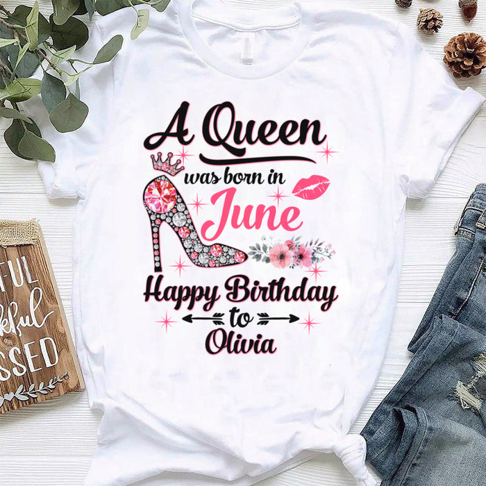 Personalized Happy Birthday T-Shirt For Women A Queen Was Born High Heels Design Flower Print Custom Name & Month