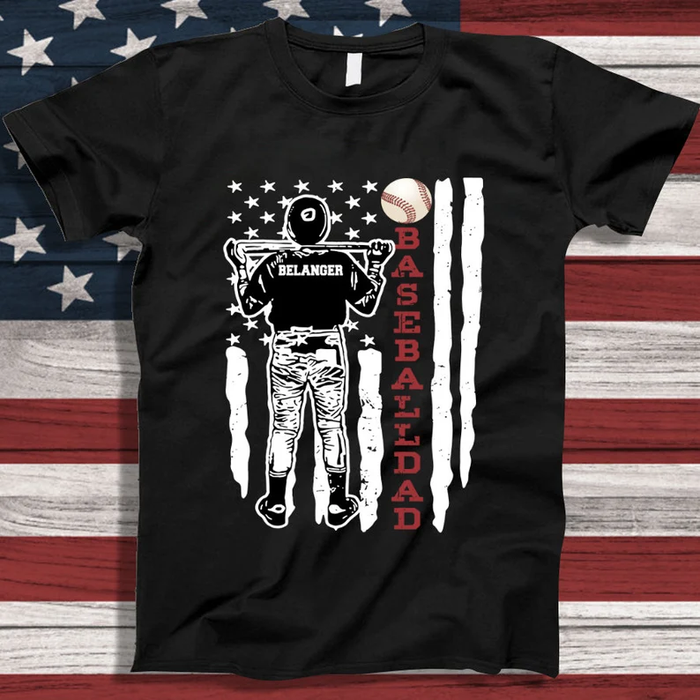Personalized T-Shirt For Baseball Lovers USA Flag And Baseball Player Design Custom Name Father's Day Shirt