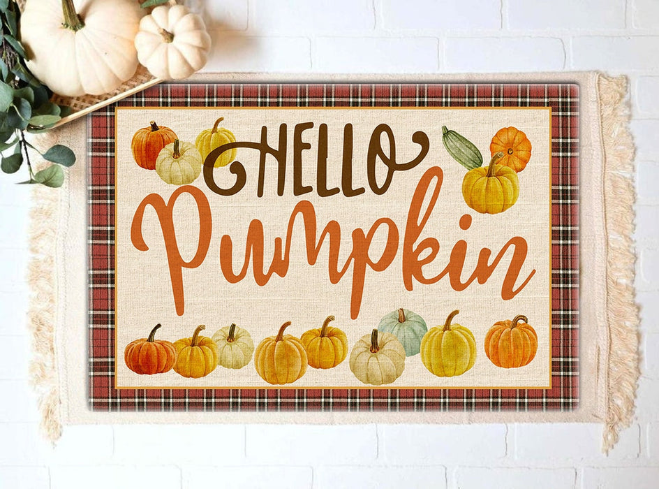 Welcome Doormat For Fall Lovers Hello Pumpkin Cute Pumpkins Printed Plaid Design Fall Doormat Thanksgiving Doormat