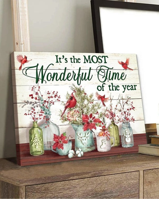 Matte Canvas For Christmas It's The Most Wonderful Time Of The Year Vase Of Flower Cardinal Bird Wooden Background