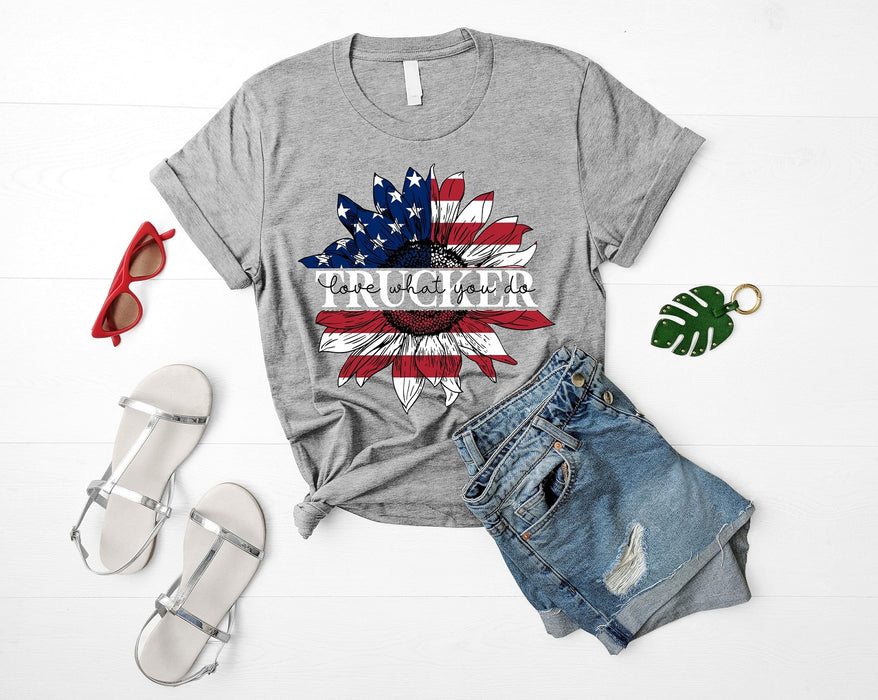 American Sunflower Trucker Shirt 4th Of July Funny Shirt for Truck Wife Patriotic Gifts for Women