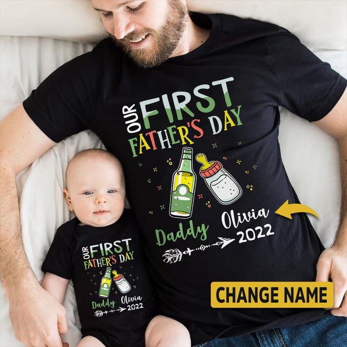 Personalized Matching T-Shirt & Baby Onesie Our First Father's Day Funny Milk & Beer Custom Name Daddy & Baby Set