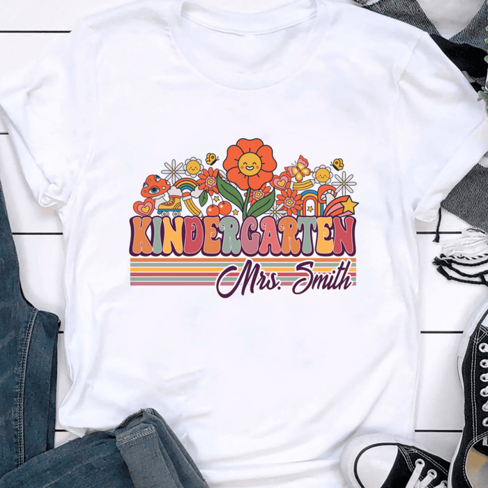 Personalized T-Shirt For Teacher Colorful Flower Kindergarten Butterflies Custom Name Shirt Gifts For Back To School