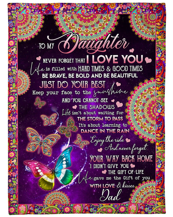 Personalized Blanket To My Daughter From Dad With Love Butterfly Print Galaxy Background Mandala Style Custom Name