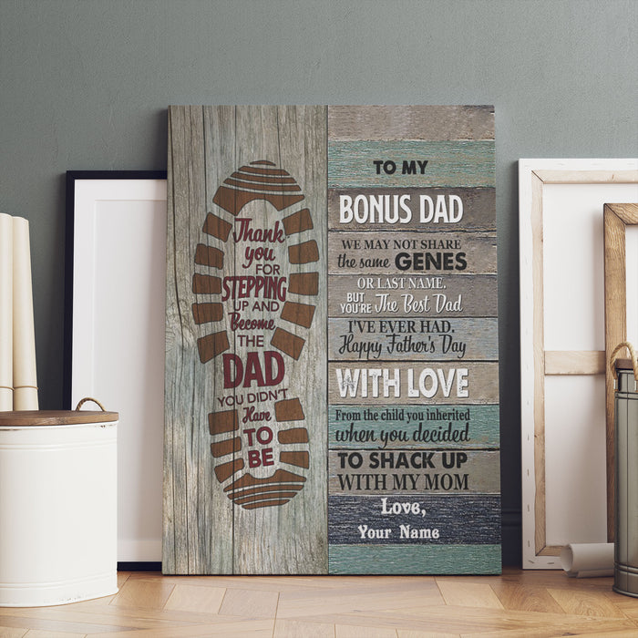 Personalized To My Bonus Dad Canvas Wall ArtWe May Not Share The Same Genes Vintage Footprint Design Custom Name