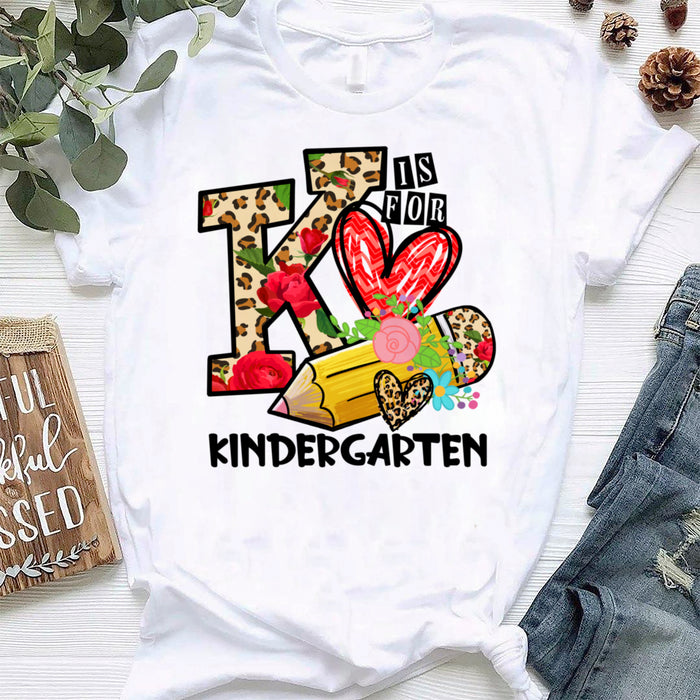 Personalized T-Shirt For Teacher K Is For Kindergarten Cute Pencil Flower And Heart Printed Leopard Design