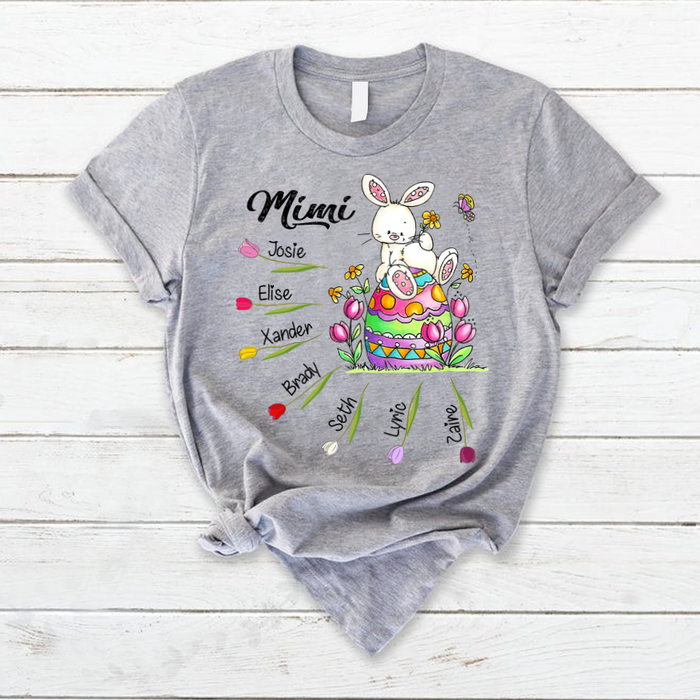 Personalized T-Shirt For Grandma Mimi Bunny With Easter Egg & Spring Tulip Printed Custom Grandkids Name
