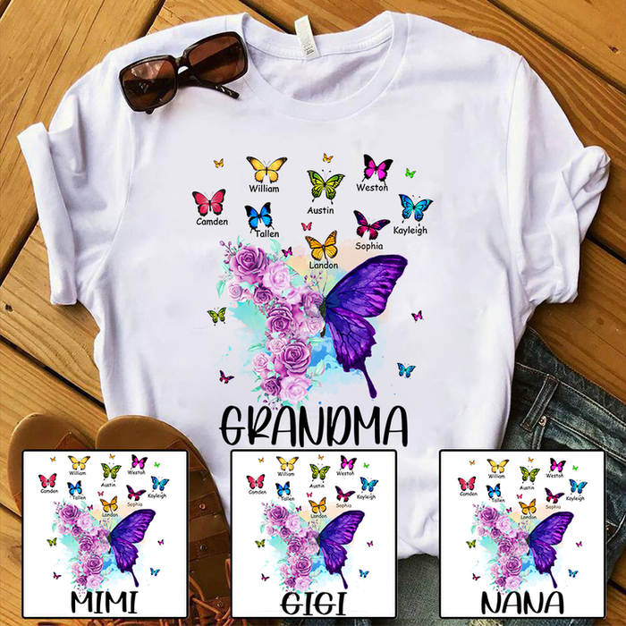 Personalized T-Shirt For Grandma Flower & Colorful Butterfly Printed Custom Grandkids Name Mothers Day Shirt