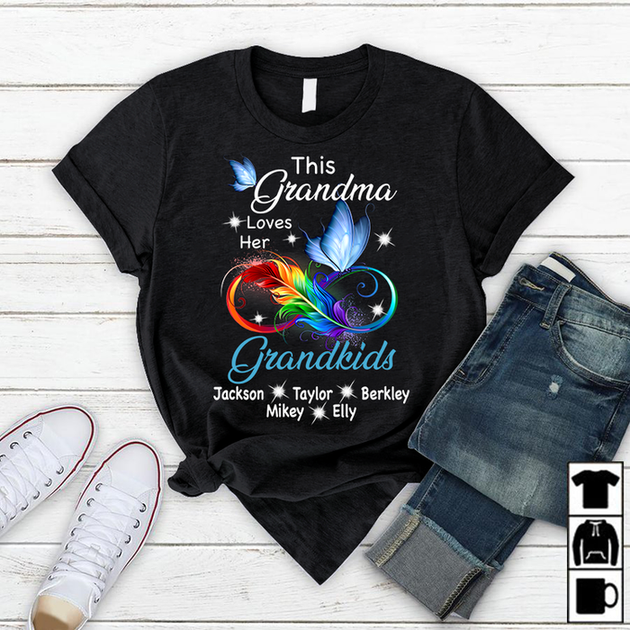 Personalized T-Shirt This Grandma Loves Her Grandkids Infinity Symbol Feather & Butterfly Printed Custom Names