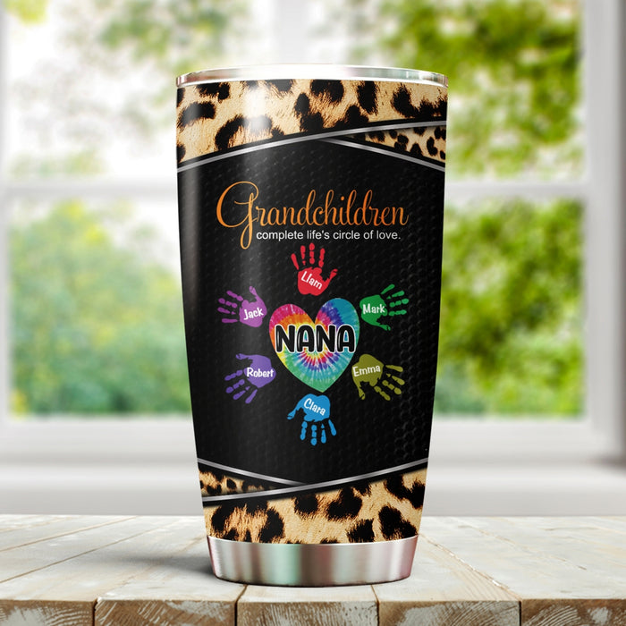 Personalized Tumbler Gifts For Grandma Life's Circle Of Love Hands Print Leopard Custom Grandkids Name For Christmas