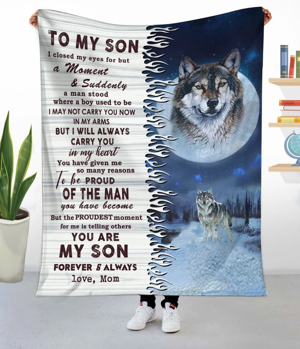 Personalized Fleece Blanket To My Son From Mom Wolf In Snowy & Moon Design Print Customized Name Sherpa Blanket