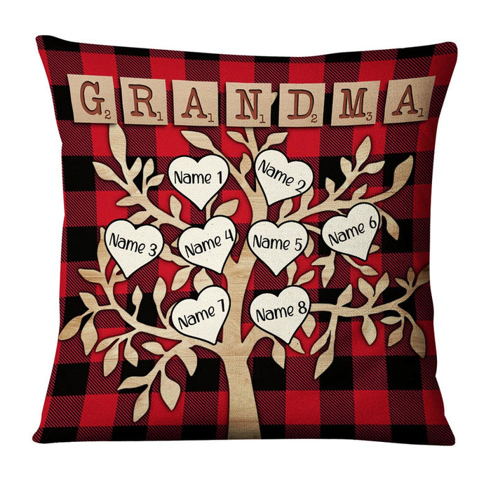 Personalized Square Pillow For Grandma Checkered Tree Leaves Hearts Custom Grandkids Name Sofa Cushion Christmas Gifts