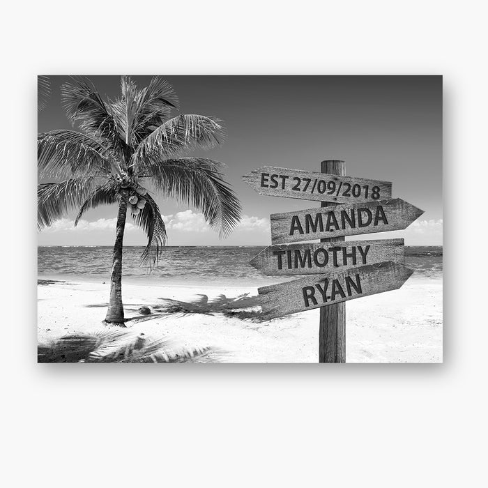 Personalized Wall Art Canvas For Family Black And White Beach Coconut Street Sign Poster Custom Multi Name & Date