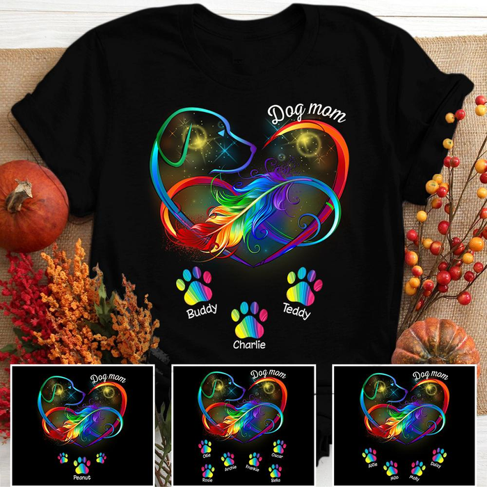 Personalized T-Shirt For Dog Mom Heart Print Colorful Feather And Paw Design Custom Dog's Name Mother's Day Shirt