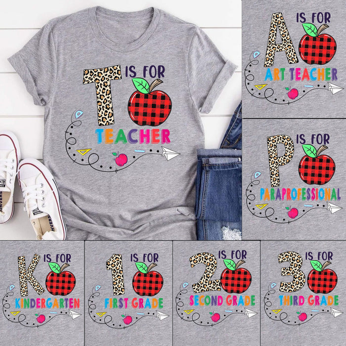 Personalized T-Shirt T Is For Teacher Checkered Apple Leopard Word Design Paper Plane Printed Back To School Outfit