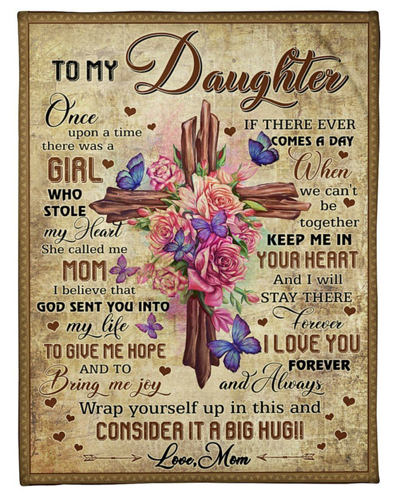 Personalized Blanket To My Daughter From Mom Christian Cross & Butterfly Print Rustic Background Custom Name