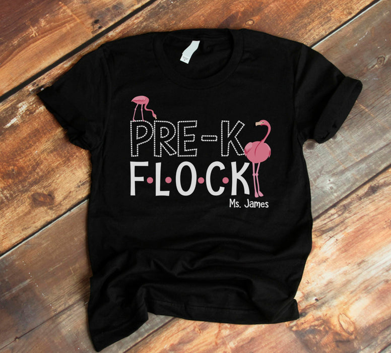 Personalized T-Shirt For Per-K Flock Cute Old And Baby Flamingo Printed Custom Name Back To School Outfit