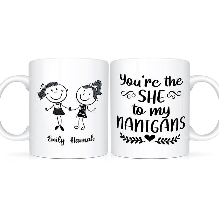Personalized Ceramic Coffee Mug For Bestie The She To My Nanigans Cute Girls & Heart Print Custom Name 11 15oz Cup
