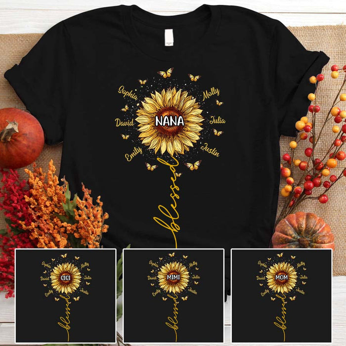 Personalized T-Shirt For Grandma Blessed Nana Sunflower & Butterfly Printed Custom Grandkids Name Mothers Day Shirt
