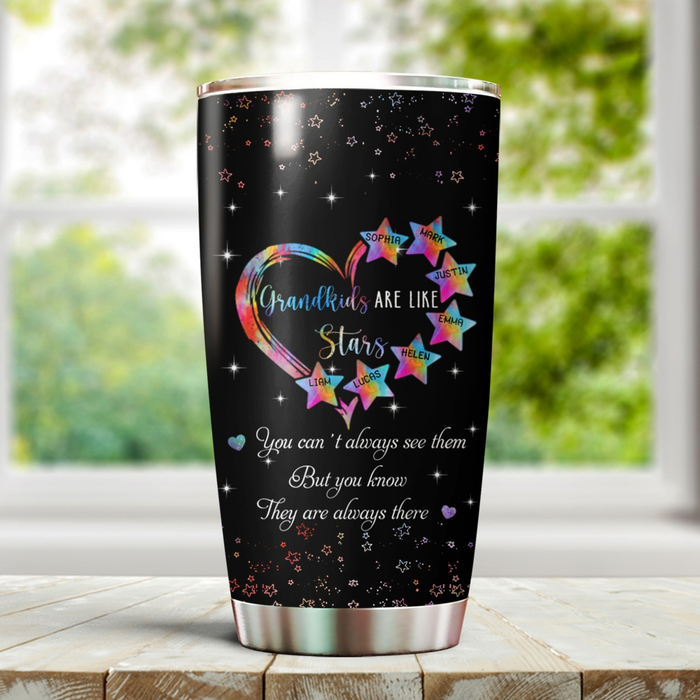 Personalized Tumbler Gifts For Grandma Gold Stars Heart Sparkle Shine Custom Grandkids Name Travel Cup For Birthday