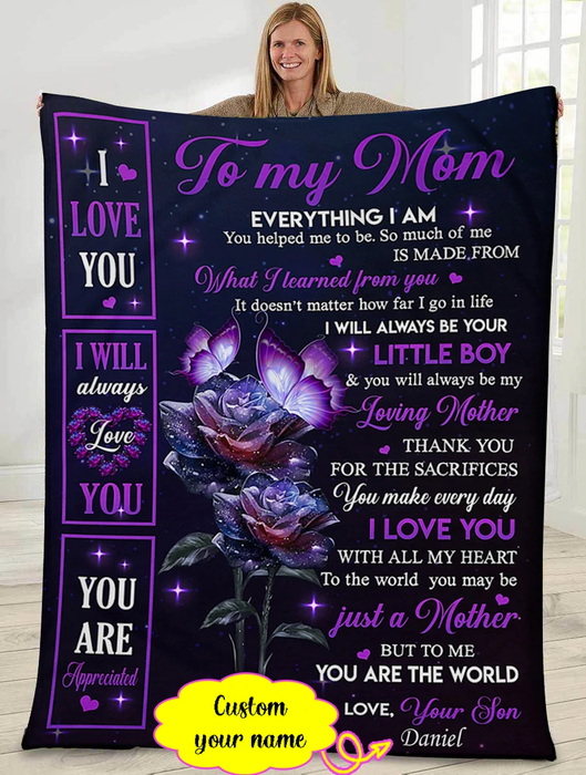 Personalized Blanket To My Mom For Mothers Day Purple Butterfly & Rose Fleece Blanket Custom Name