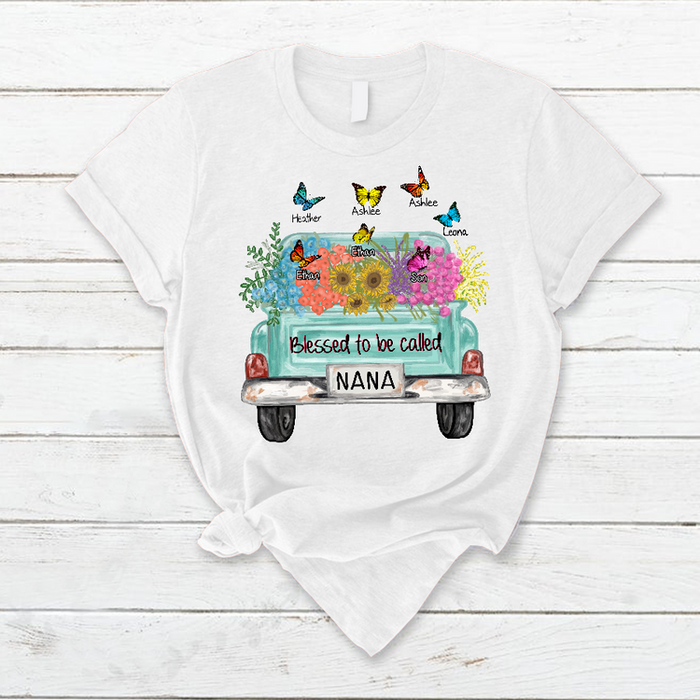 Personalized T-Shirt For Grandma Blessed To Be Called Nana Floral Truck & Butterfly Printed Custom Grandkids Name