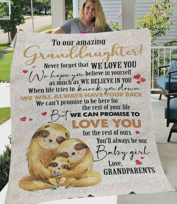 Personalized Fleece Blanket To My Amazing Granddaughter From Grandparents Cute Sloths Family Blanket Custom Name