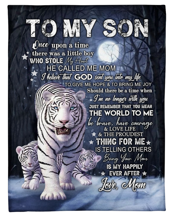 Personalized White Tiger Fleece Blanket To My Son From Mom Custom Name Being Your Mom Is My Happily Ever After