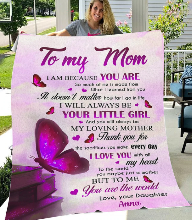 Personalized Lovely Blanket To My Mom Pink Butterfly & Books Fleece Blanket For Mothers Day Custom Name