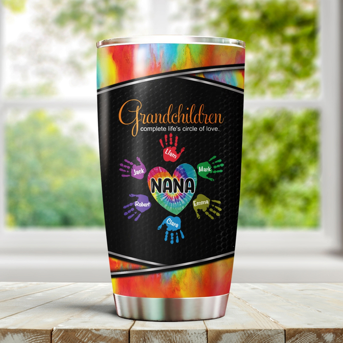 Personalized Tumbler Gifts For Grandma Life's Circle Of Love Hands Print Leopard Custom Grandkids Name For Christmas