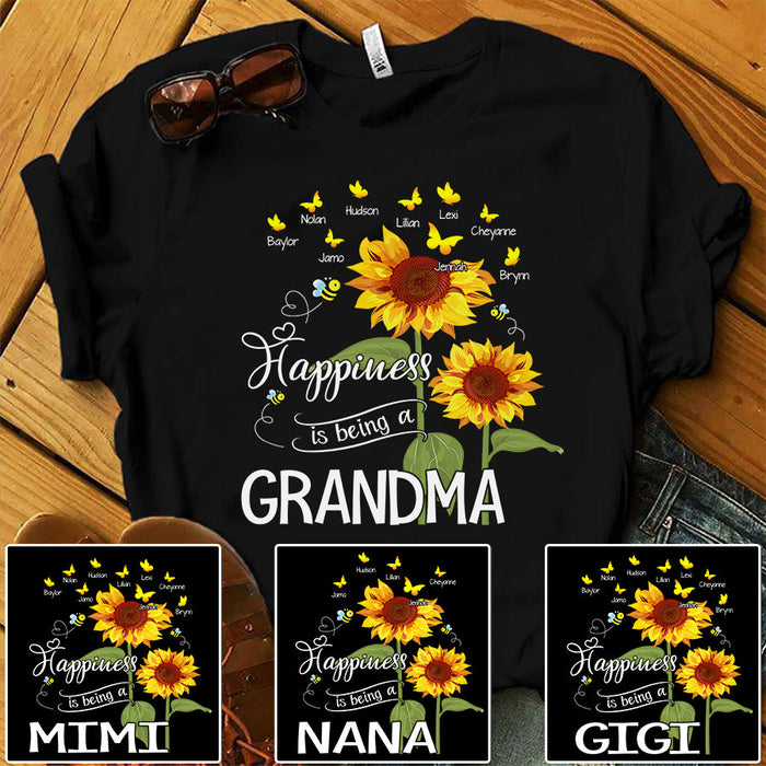 Personalized T-Shirt For Grandma Happiness Is Being A Nana Sunflower Bee & Butterfly Printed Custom Grandkids Name