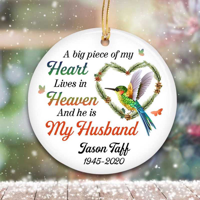 Personalized Memorial Ornament For Husband In Heaven Heart Shaped Hummingbird Custom Name Tree Hanging Funeral Gifts